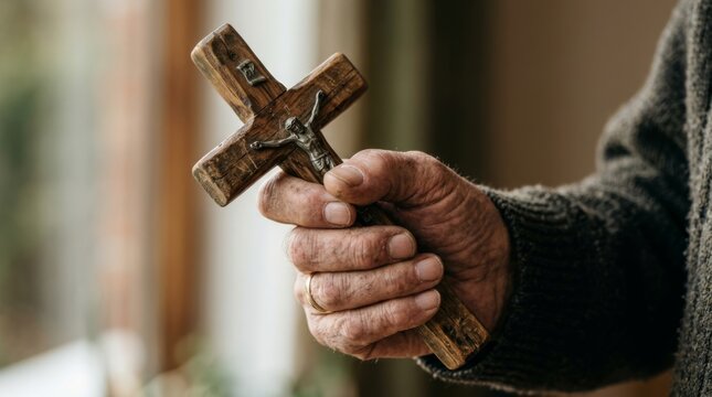 Hand holding a rustic wooden cross, symbolizing faith, spirituality, and religious devotion