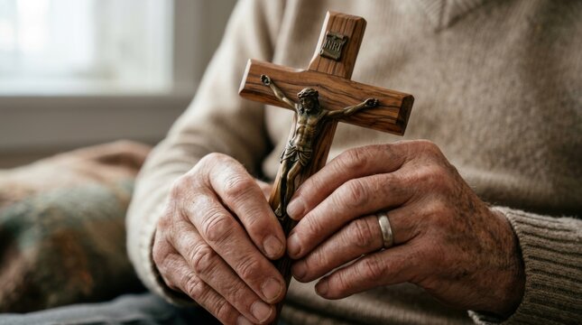 Hand holding a rustic wooden cross, symbolizing faith, spirituality, and religious devotion