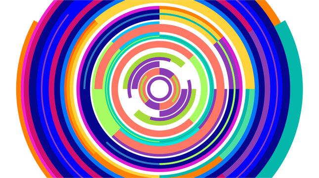 Circles featuring vibrant concentric rings create a dynamic focal point against a clean white background.