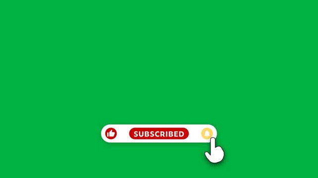 Hand cursor clicking red subscribe button with bell notification icon on white pill bar over green screen background 4k chroma key overlay animation