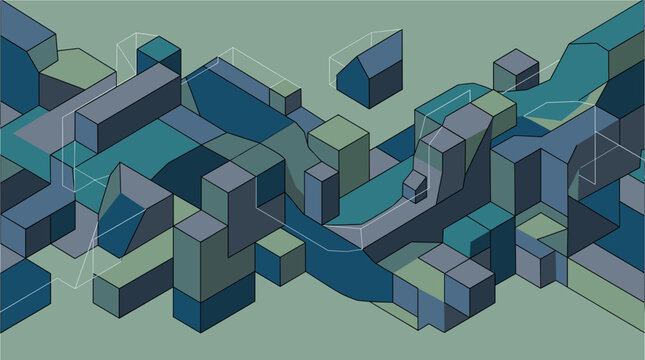 Abstract interlocking blocks form a dense urban landscape with varying shades of teal and deep blue under soft ambient light.