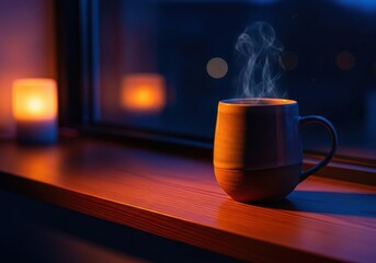 A warm, soothing drink in a ceramic mug sits beside a window at night, promoting peaceful rest and an end to the day, health, table, rest