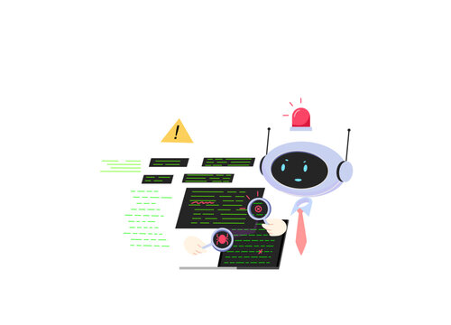 AI helping programmer with debugging and fixing software code errors. Flat vector illustration isolated on white background