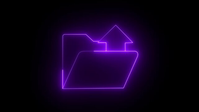 Futuristic purple neon upload icon featuring an outlined box and upward arrow glowing against a black background 4k video