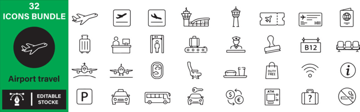 Set of 32 Airport travel icons Each icon will be different, create a vector outline icons using white background and black color 