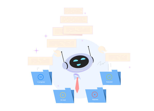 Artificial intelligence helping organize task list and automate workflow management. Flat vector illustration isolated on white background
