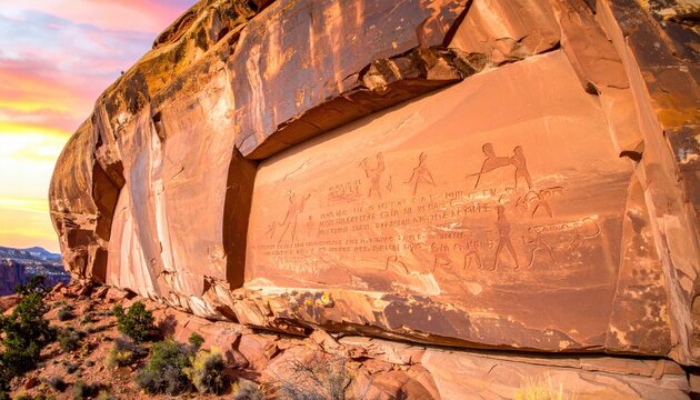Ancient petroglyphs etched into a weathered cliff face in a desert landscape, showcasing prehistoric human figures and symbols.