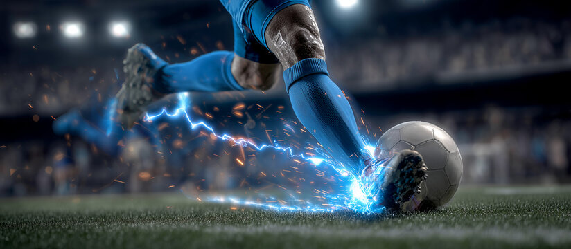 Close up of soccer player foot kicking ball on field with dramatic lightning and spark energy effects