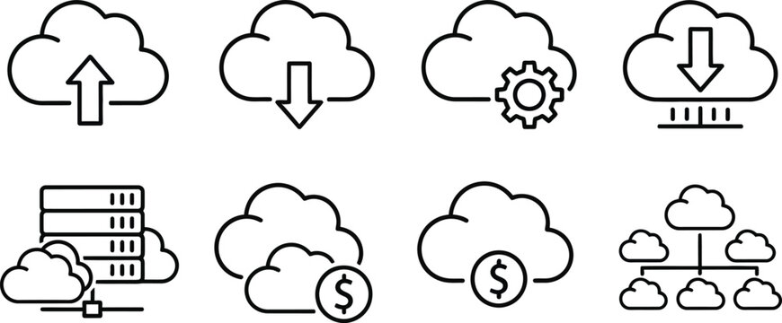 Cloud computing black line on white background, depicting various cloud services and data management concepts