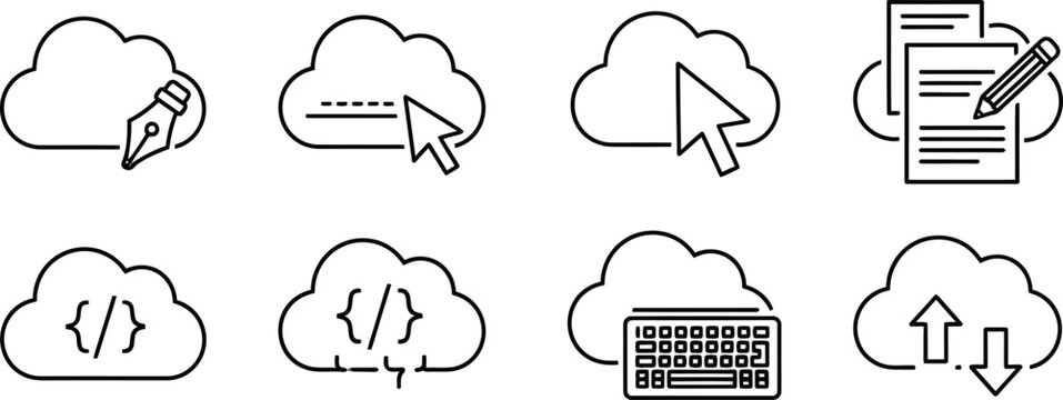 Cloud computing black line on white background, including cursor, pencil, documents, coding symbols, and keyboard