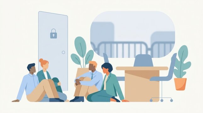 Group of people sit on the floor in an office during a situation requiring shelter in place. They look calm and are safe in their environment.