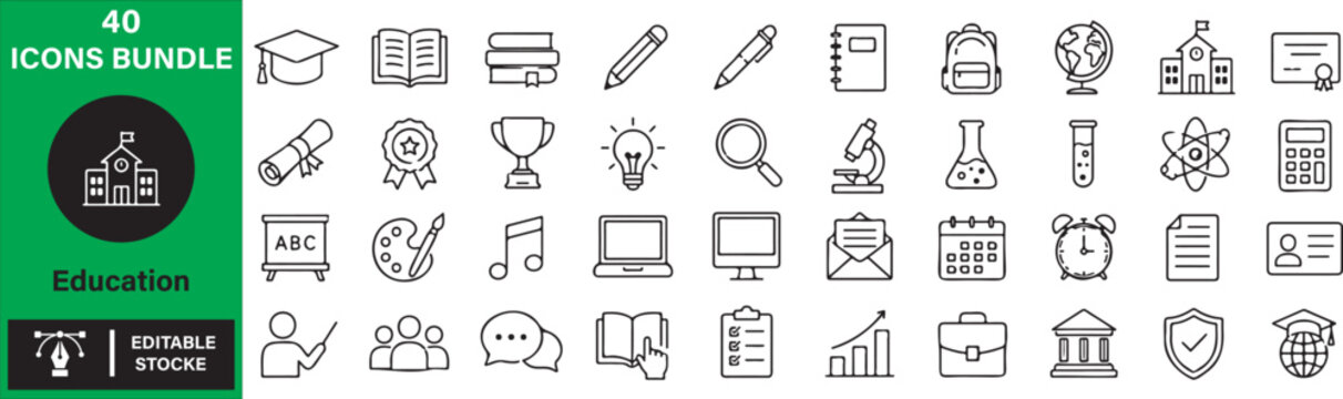 Set of 32  Education icons Each icon will be different, create a vector outline icons using white background and black color