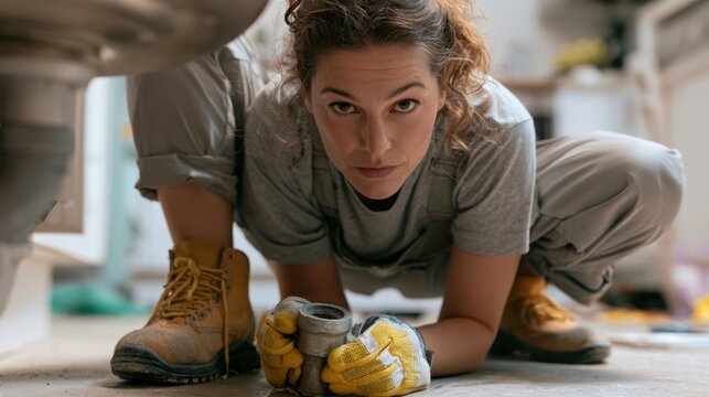 Focused medium shot of a female tradesperson wearing work boots and protective gear adjusting an undersink valve blurred modern apartment kitchen background highlighting the leak