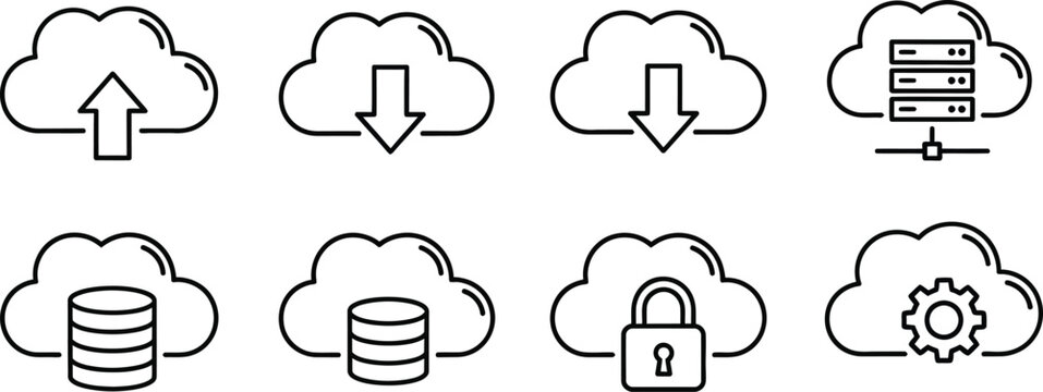 Cloud computing black line set of eight symbols for data storage and management black line data storage
