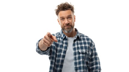 Naklejka premium A person pointing straight ahead at the viewer with a serious expression. Isolated on white background.