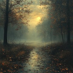 Fototapeta premium Misty autumn morning in a tranquil forest path