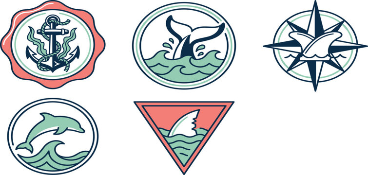 Nautical Marine Life Badge and Emblem Set with Anchor, Whale Tail, Dolphin, Shark Fin, and Wind Rose Compass Vector Graphics