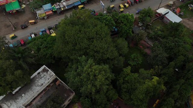 Aerial view of the historic Maharishi Sandipani Ashram and sacred pond in Ujjain, Madhya Pradesh.