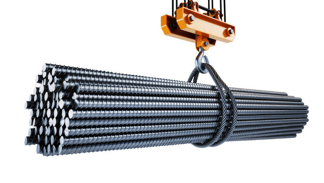 Crane lifting bundle of steel rebar rods