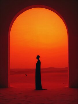 Woman in desert with camels