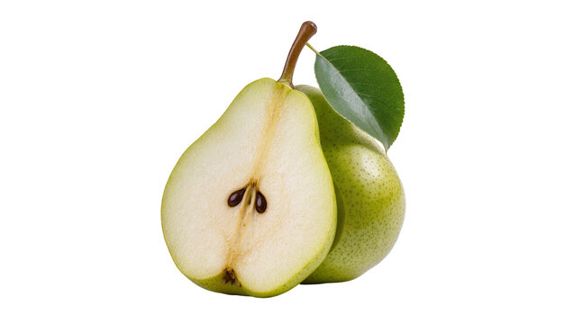 Green pear cut in half showing seeds and flesh with whole pear and leaf