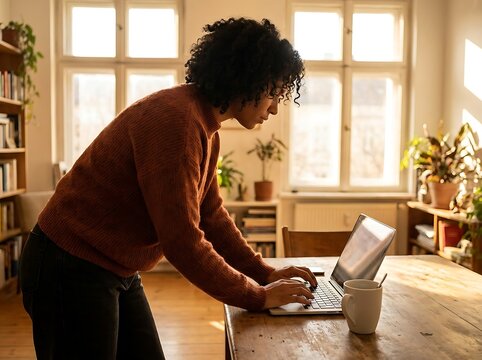 A woman working on a laptop computer at a wooden table in a sunlit room