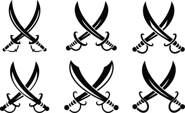 Silhouettes of crossed scimitars with curved blades and ornate hilts arranged in symmetrical emblem style design