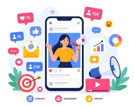Social Media Marketing Illustration with Smartphone and Engagement Icons