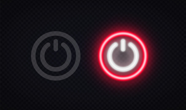 Neon red glowing power button icon with inactive gray version on dark transparent background. Bright on off symbol for game interface, app or UI design.