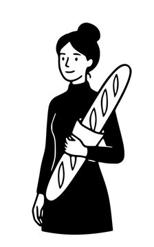Elegant Woman Holding Fresh French Baguette Bread Line Art Illustration