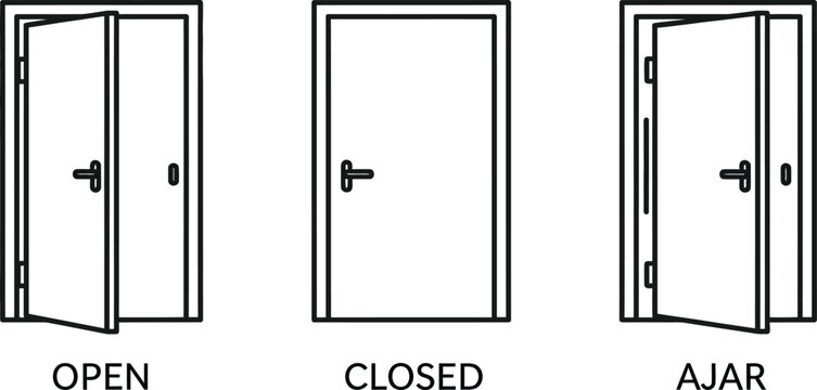 Door states, illustrated in line: open, closed, and ajar doors with labels open door closed door line door states