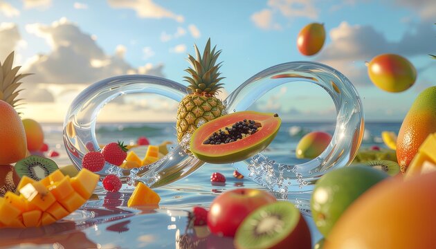 Tropical fruits and pineapple floating in an infinity shaped water sculpture at the tropical beach