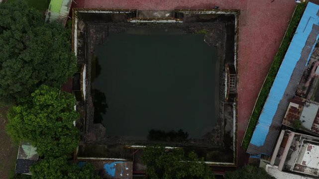 Aerial view of the historic Maharishi Sandipani Ashram and sacred pond in Ujjain, Madhya Pradesh.