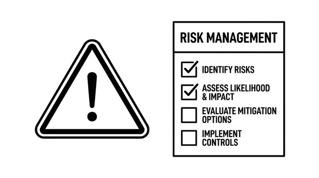 Risk management checklist icon with warning sign illustration.
