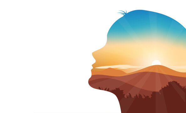 Peaceful mindset with nature scenery and mountain sunrise sky, head and mind illustration white background