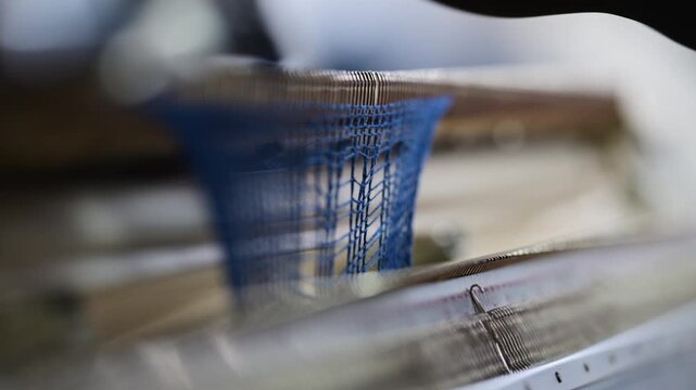 Close up of a woman adjusting blue knitted fabric on a flatbed knitting machine