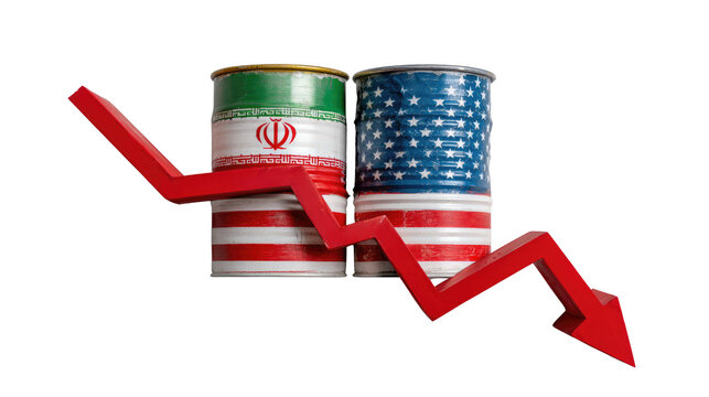 Oil Price Decline: Barrels of oil adorned with the flags of Iran and the United States are depicted alongside a downward-trending red arrow.