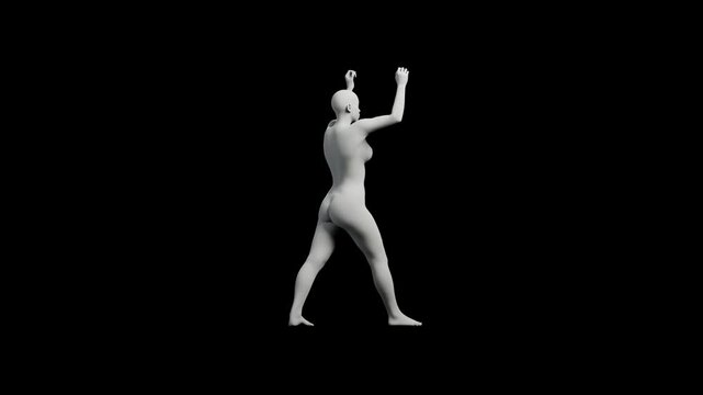 Mannequin in victory pose against black background