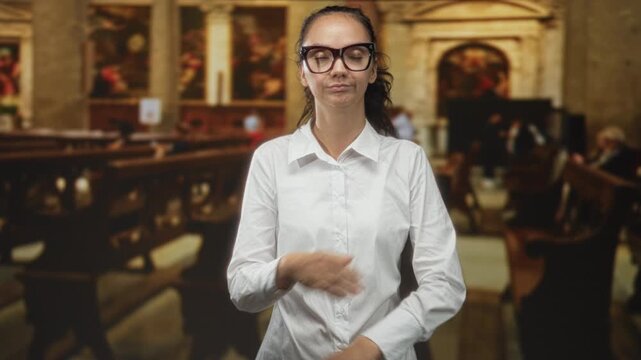 Woman wearing large glasses and white buttonup stands then folds arms, hair moving, neutral expression in church building with wooden pews and altar visible; quiet contemplation.