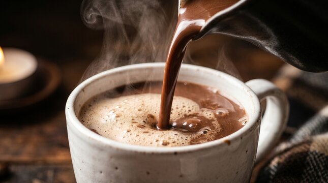 Thick hot chocolate being poured into a mug with foam