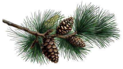 Fototapeta premium Pine Branch with Cones: A detailed illustration of a pine branch adorned with lush green needles and several mature pine cones, showcasing the natural beauty of coniferous flora.