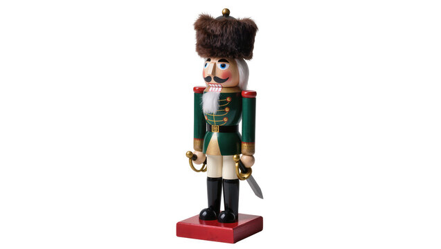 Wooden nutcracker soldier with fur hat and sword