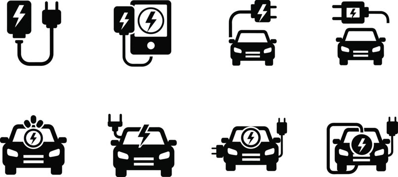 Electric vehicle charging black silhouettes on white background
