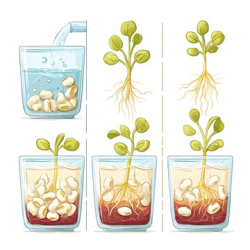 Bean Seed Germination and Sprouting Stages Illustration Showing Growth in Glass for Education