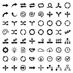 Naklejka premium Collection of hand-drawn black infographic icons and arrows for process flow diagrams on white background