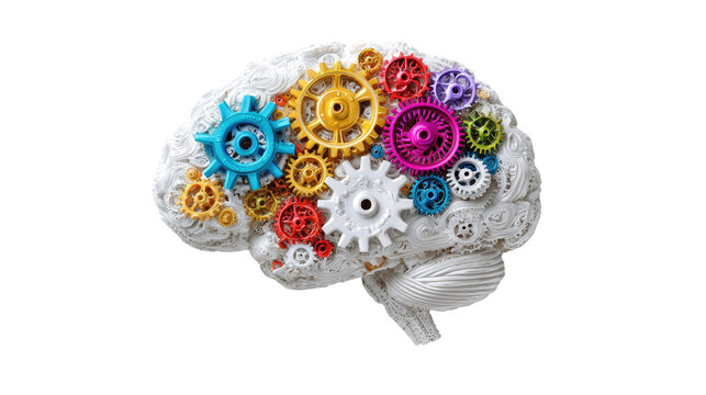 Brain with Gears and Cogs: A symbolic representation of the human brain, intricately composed of colorful interlocking gears and cogs, illustrating the complex mechanics of thought and intelligence.