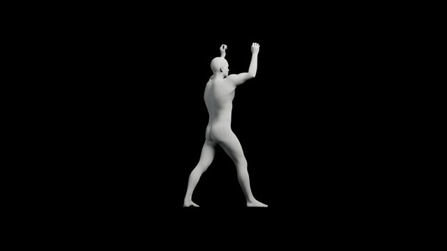 Mannequin in victory pose against black background