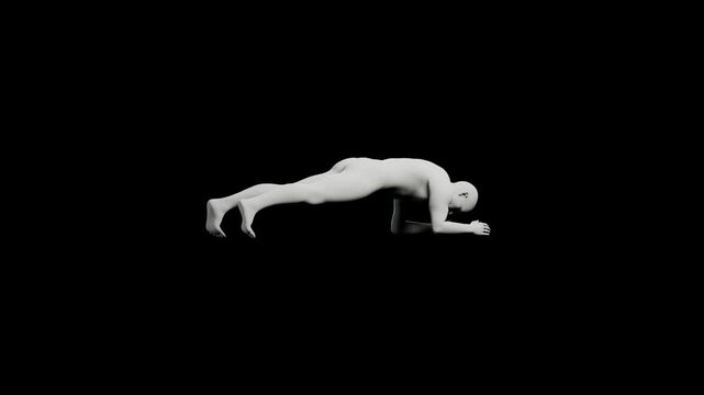 Mannequin stretching in front of black background