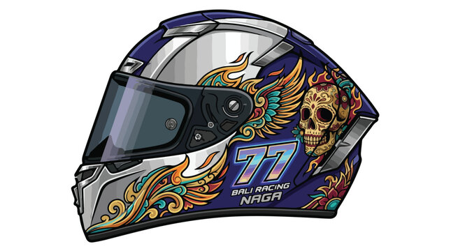 Close-up of a detailed motorcycle helmet with colorful dragon and tiger artwork and racing number 77 design