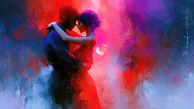 Romantic Abstract Couple Embracing with Heart Colorful Modern Art .AI Generative